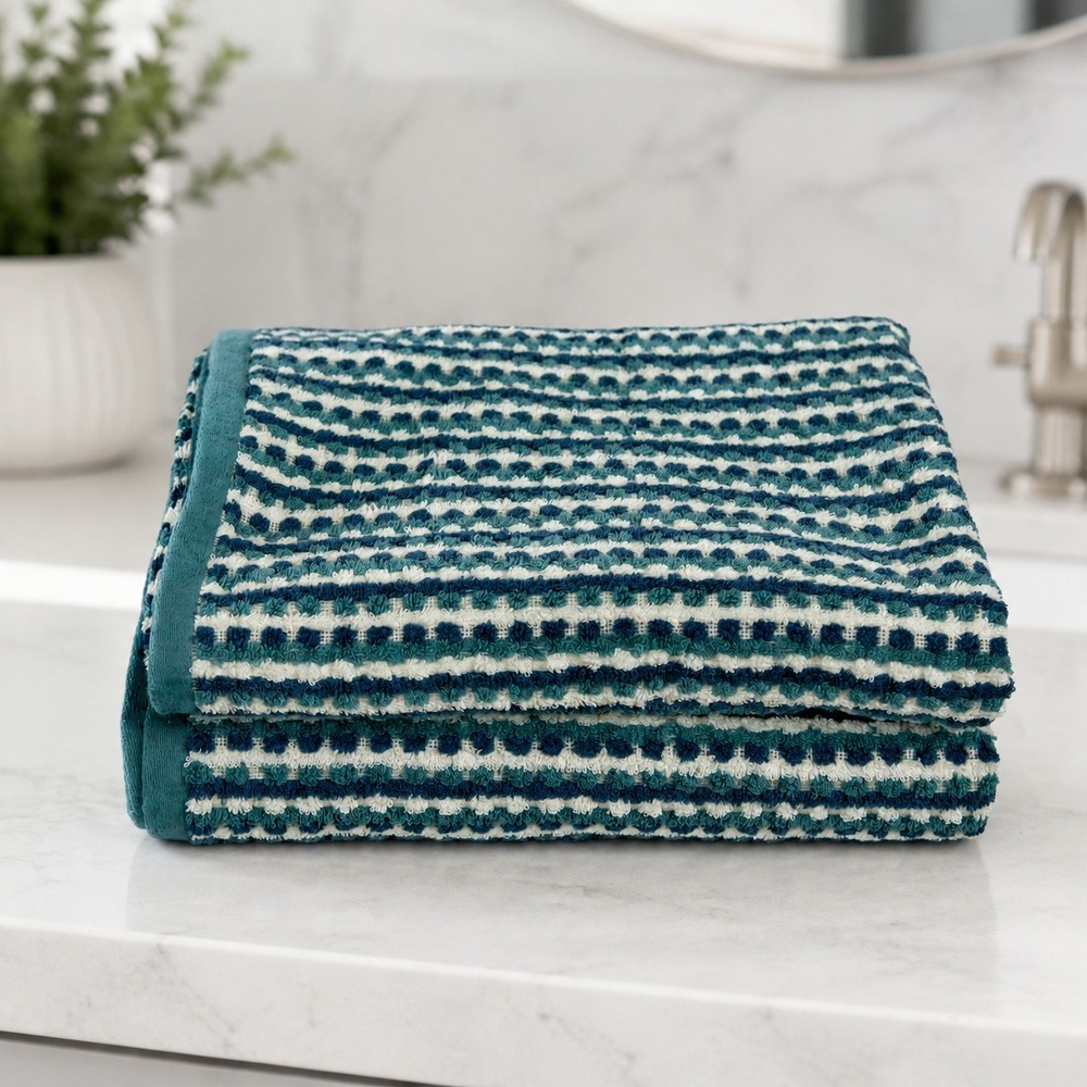 Cannon Classic Blue White Textured Dot Stripe Cotton Blend Bath Towel Set 2pc